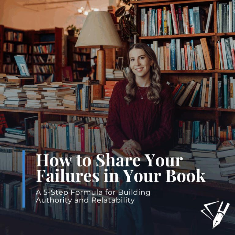 Aha! Editorial owner and writing coach Ashlyn Anderson sits at a wooden table in a cozy, book-filled bookstore. She smiles softly at the camera, with shelves stacked high behind her and a table covered in books in front. Overlaid text reads, “How to Share Your Failures in Your Book: A 5-Step Formula for Building Authority and Relatability.”