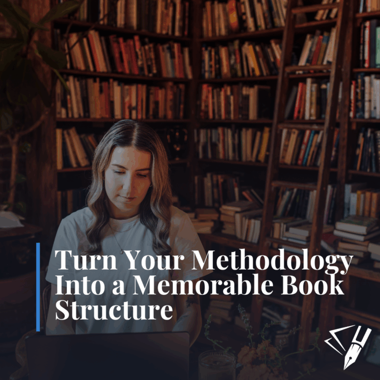 Aha! Editorial owner and writing coach Ashlyn Anderson working on a laptop in a library with the text “Turn Your Methodology Into a Memorable Book Structure.”